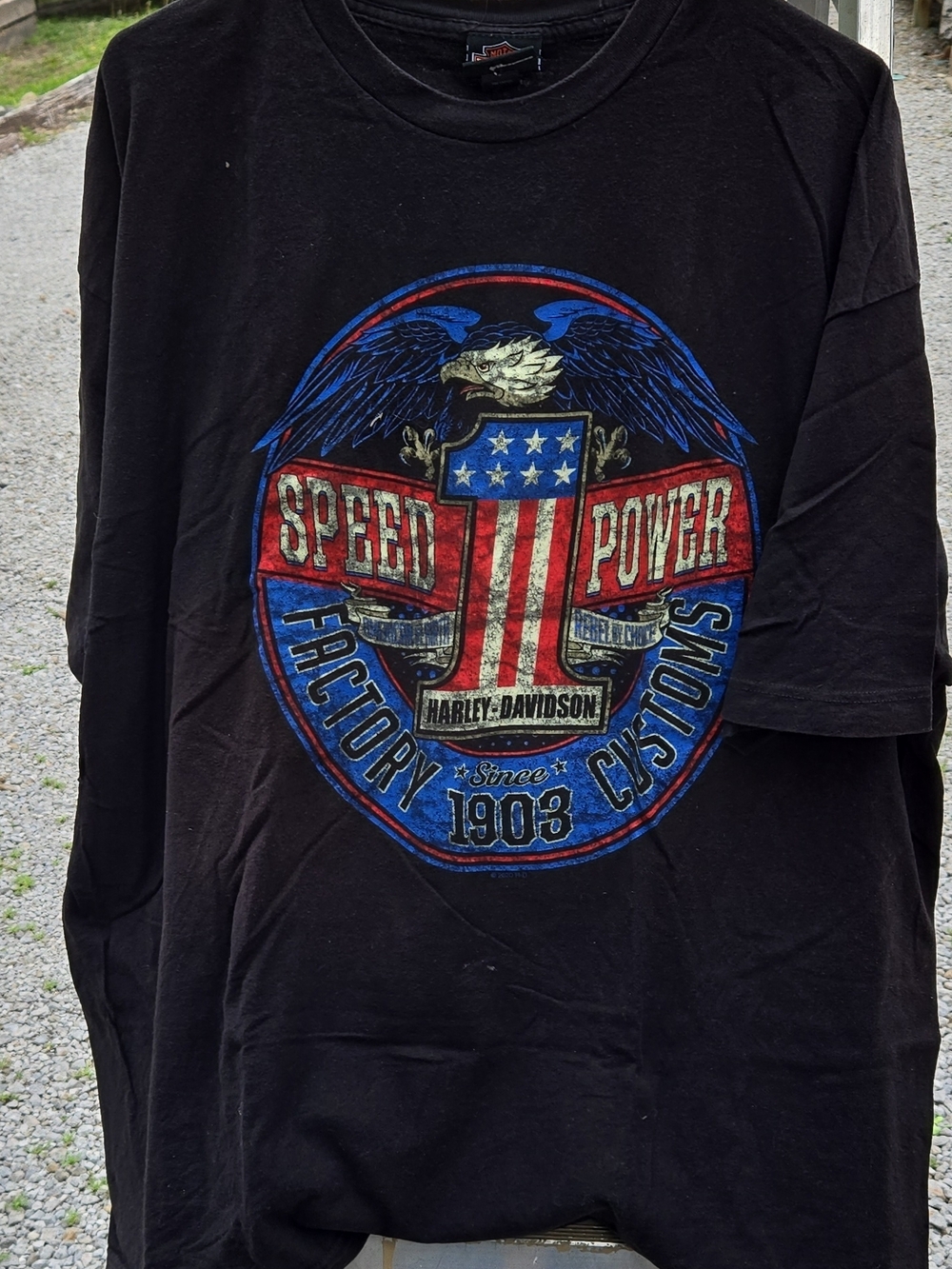 Harley-Davidson Black Short Sleeve Tee with Red, Blue and White Shield Graphic